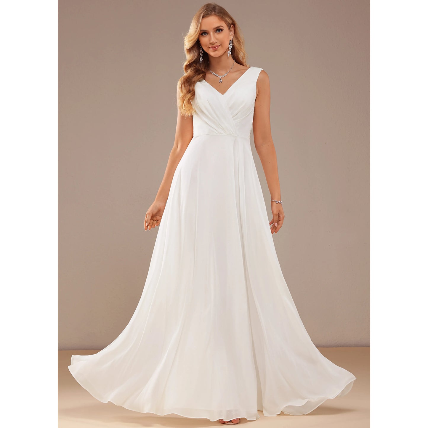 Elegant A-Line V-Neck Sleeveless Pleated Lace White Floor-Length Wedding Gown