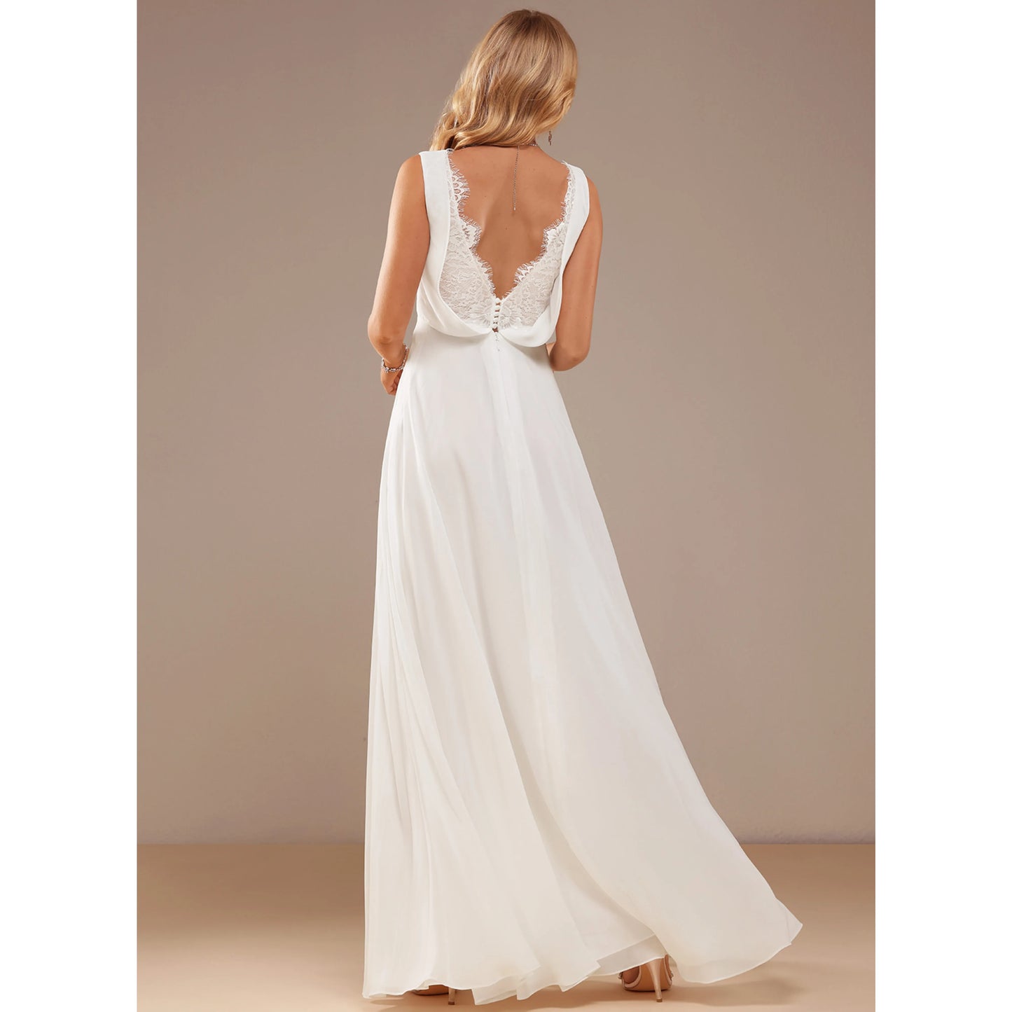 Elegant A-Line V-Neck Sleeveless Pleated Lace White Floor-Length Wedding Gown