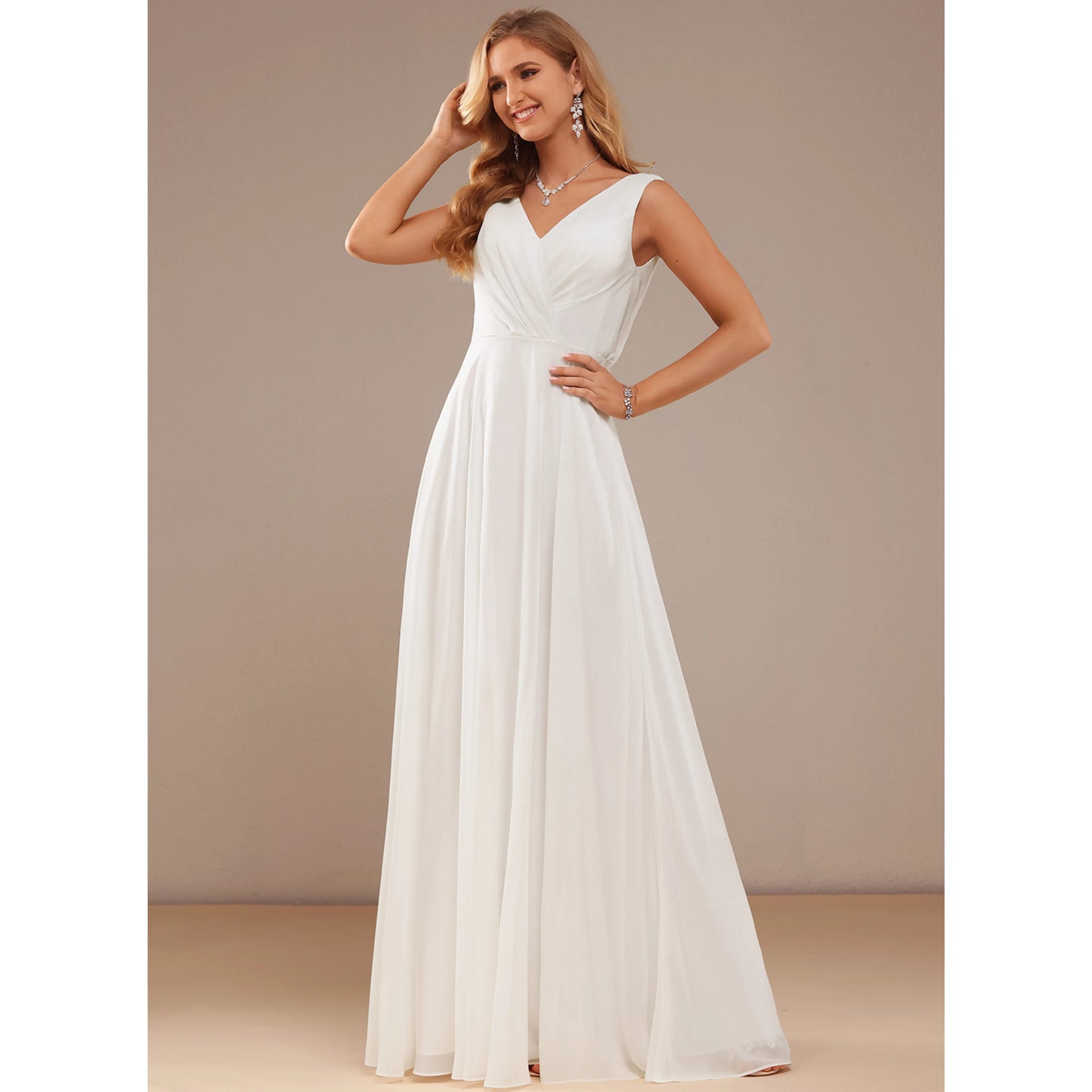 Elegant A-Line V-Neck Sleeveless Pleated Lace White Floor-Length Wedding Gown