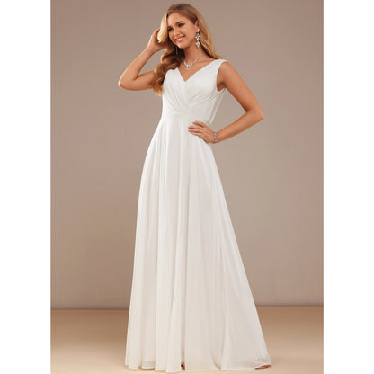 Elegant A-Line V-Neck Sleeveless Pleated Lace White Floor-Length Wedding Gown
