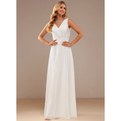 Elegant A-Line V-Neck Sleeveless Pleated Lace White Floor-Length Wedding Gown