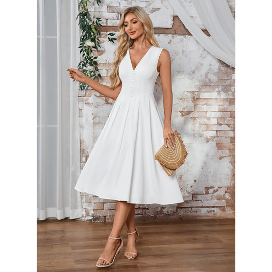 Elegant A-Line V-Neck Sleeveless Pleated White Midi Homecoming Dress