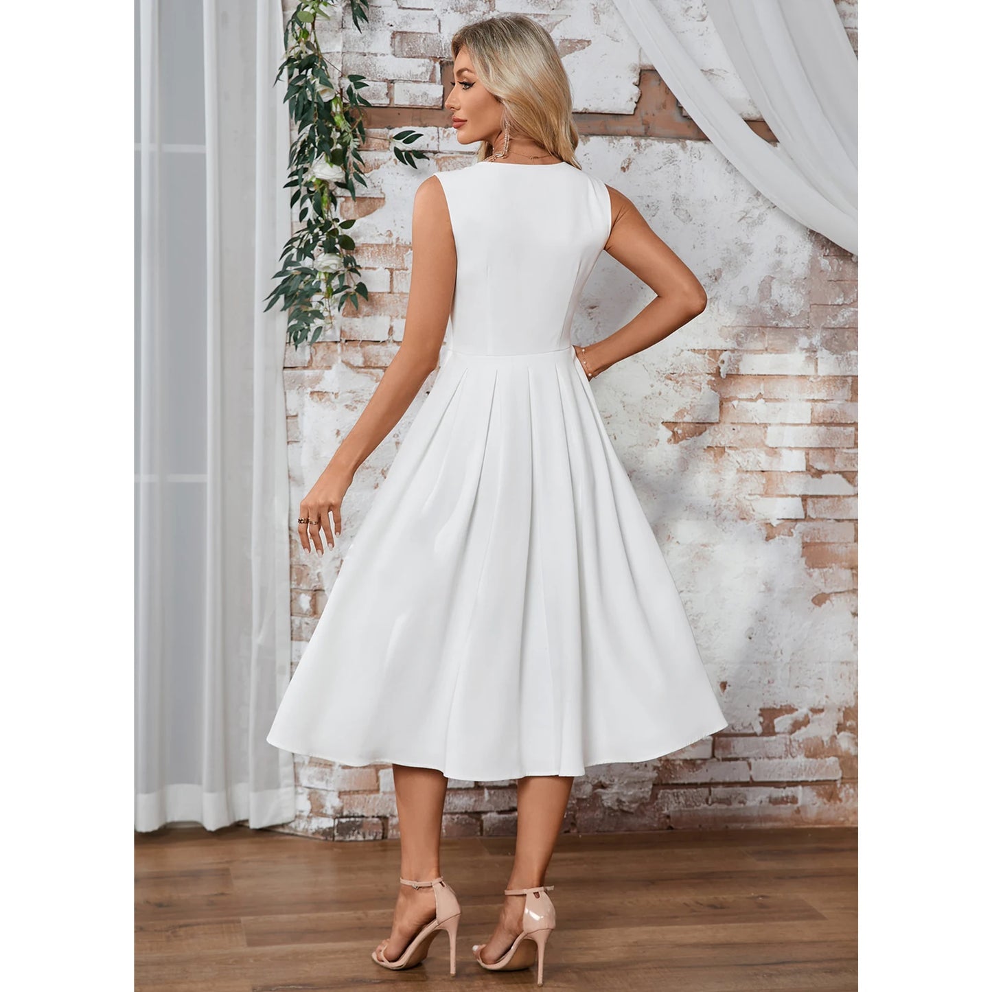 Elegant A-Line V-Neck Sleeveless Pleated White Midi Homecoming Dress