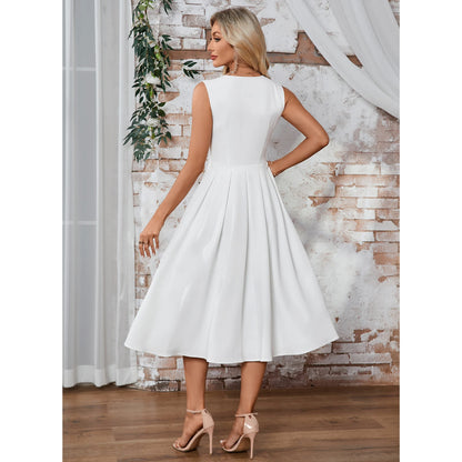 Elegant A-Line V-Neck Sleeveless Pleated White Midi Homecoming Dress