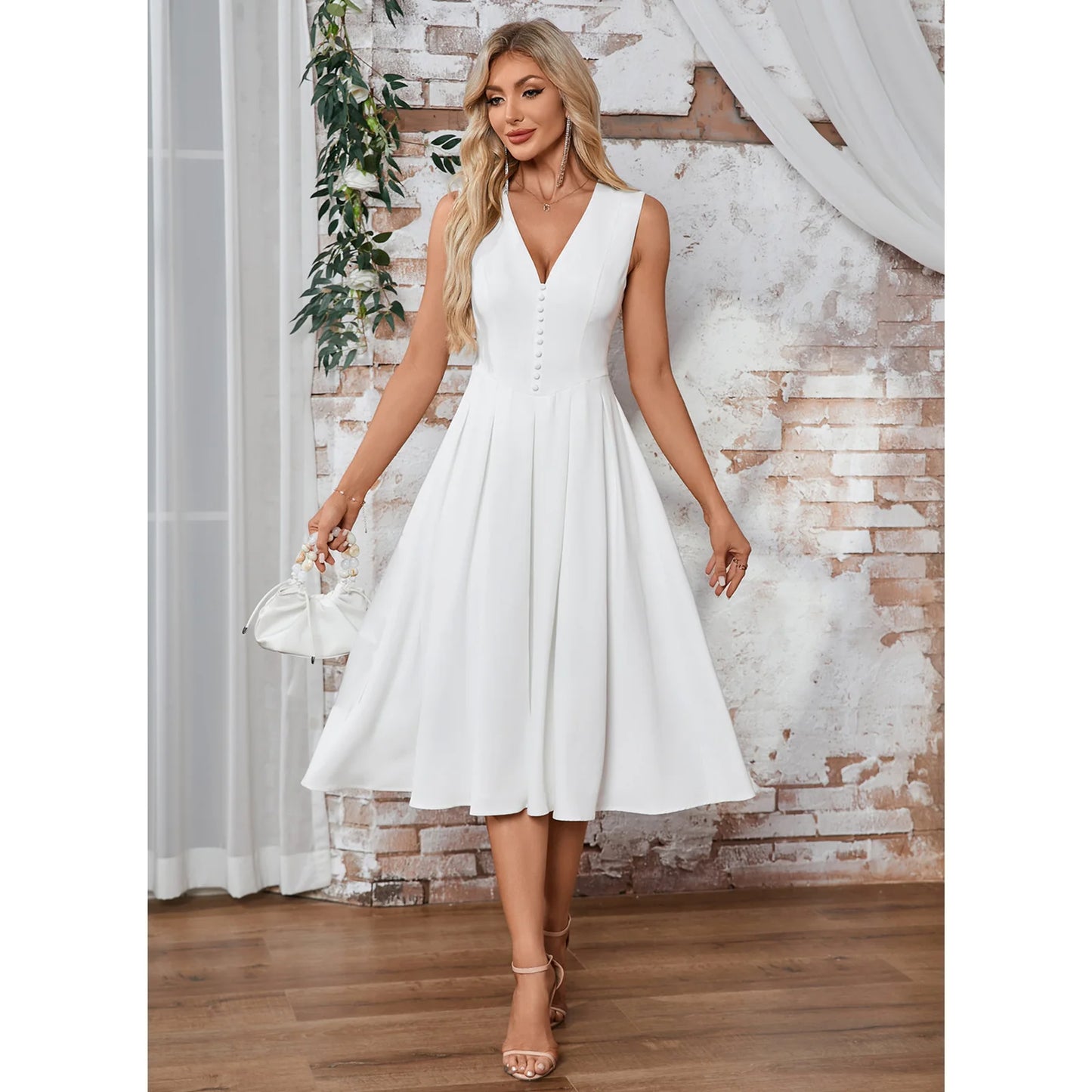 Elegant A-Line V-Neck Sleeveless Pleated White Midi Homecoming Dress