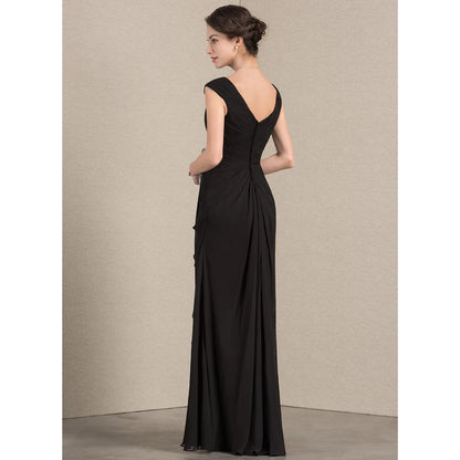 Elegant A-Line V-Neck Sleeveless Ruched Black Floor-Length Mother of the Bride Gown