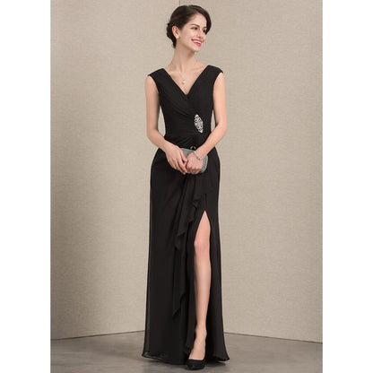 Elegant A-Line V-Neck Sleeveless Ruched Black Floor-Length Mother of the Bride Gown