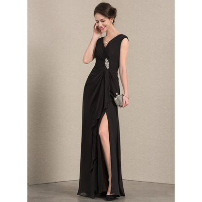 Elegant A-Line V-Neck Sleeveless Ruched Black Floor-Length Mother of the Bride Gown