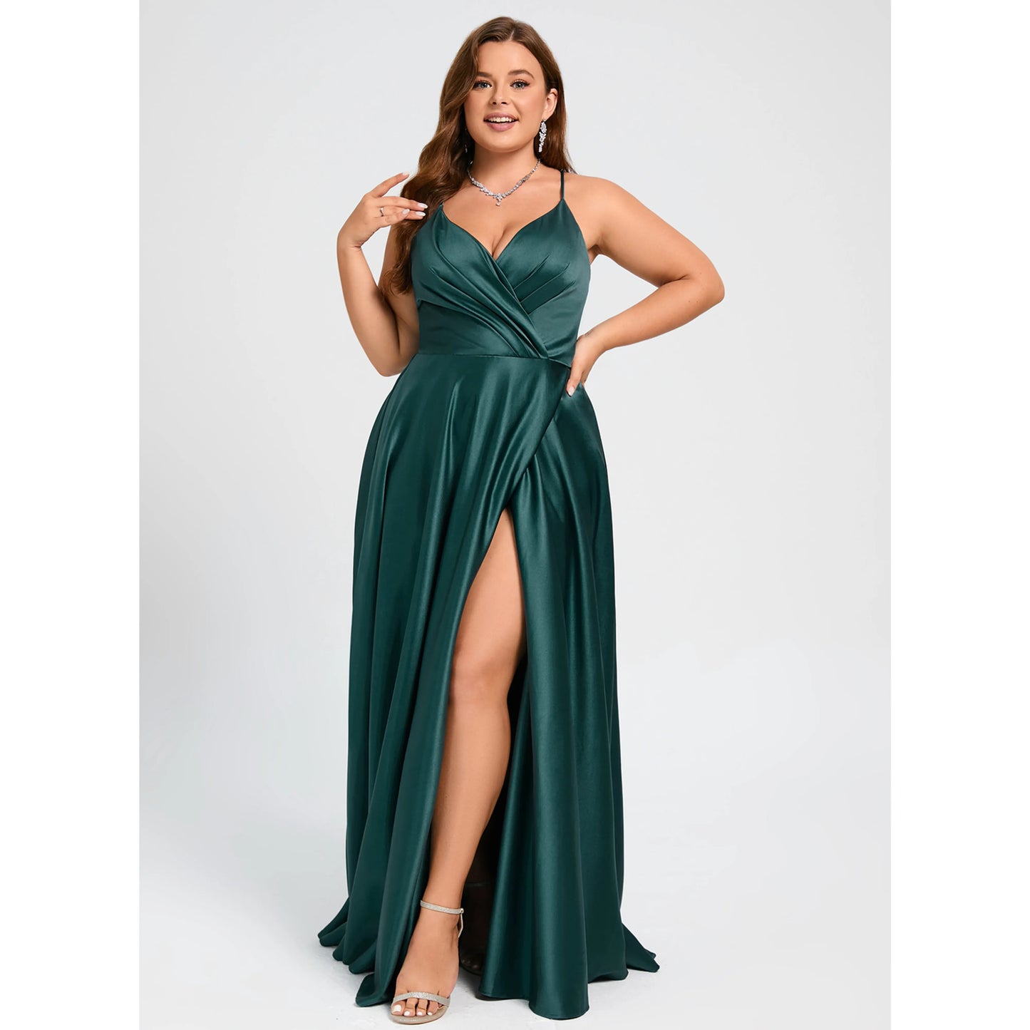 Elegant A-Line V-Neck Sleeveless Ruched High Slit Emerald Floor-Length Prom Gown