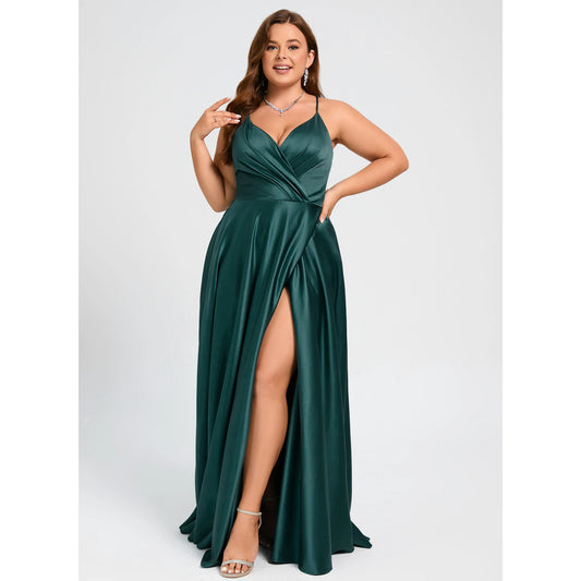 Elegant A-Line V-Neck Sleeveless Ruched High Slit Emerald Floor-Length Prom Gown