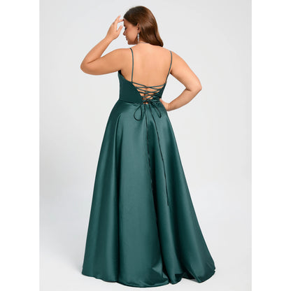 Elegant A-Line V-Neck Sleeveless Ruched High Slit Emerald Floor-Length Prom Gown