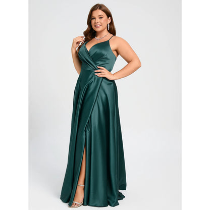 Elegant A-Line V-Neck Sleeveless Ruched High Slit Emerald Floor-Length Prom Gown