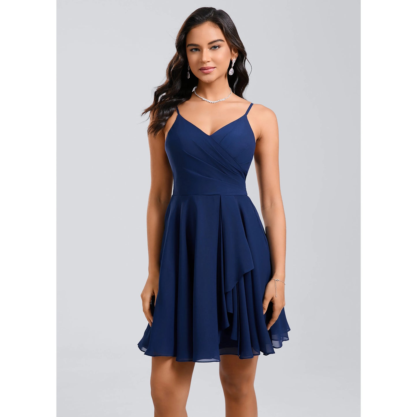 Elegant A-Line V-Neck Sleeveless Ruched Layered Navy Blue Short Homecoming Dress