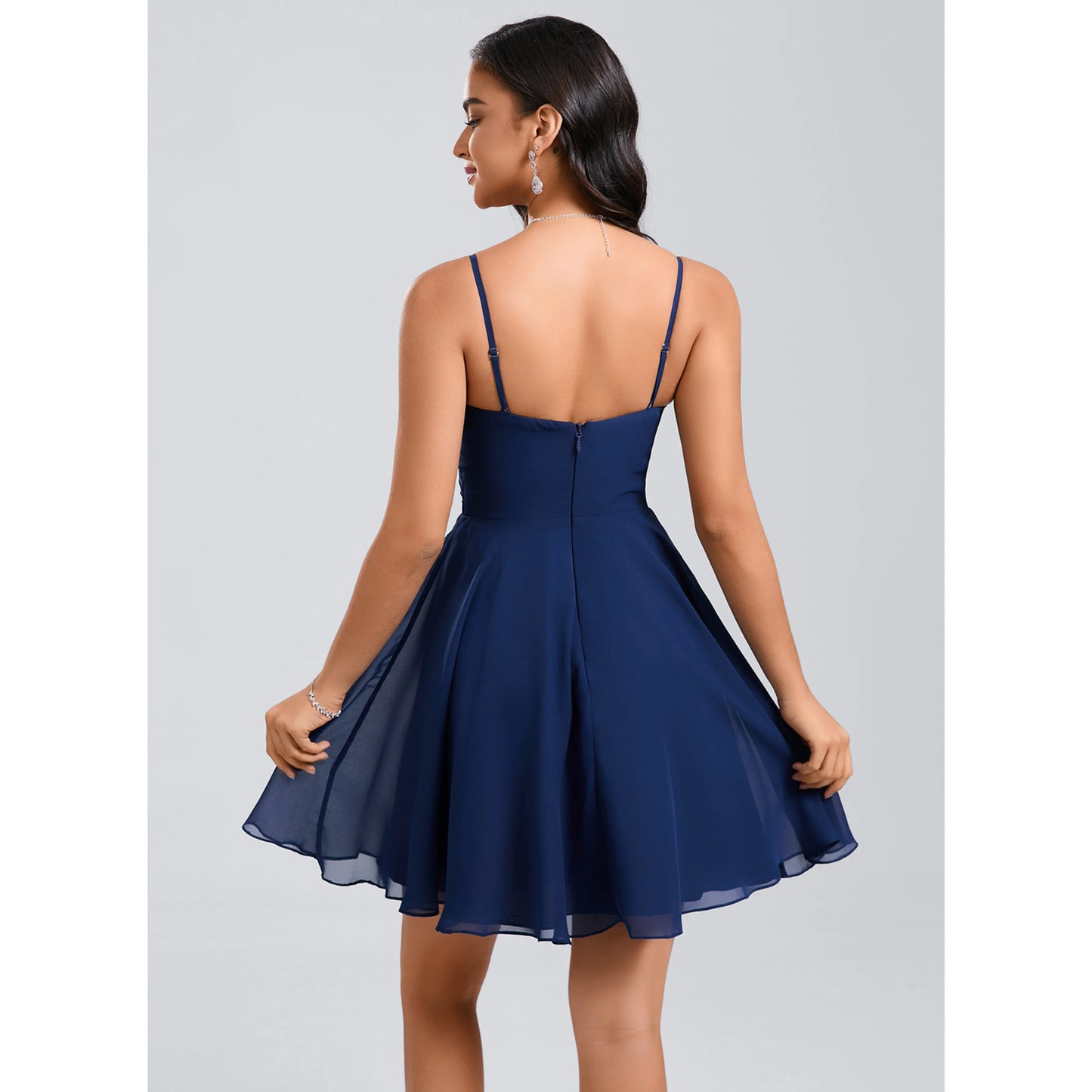 Elegant A-Line V-Neck Sleeveless Ruched Layered Navy Blue Short Homecoming Dress