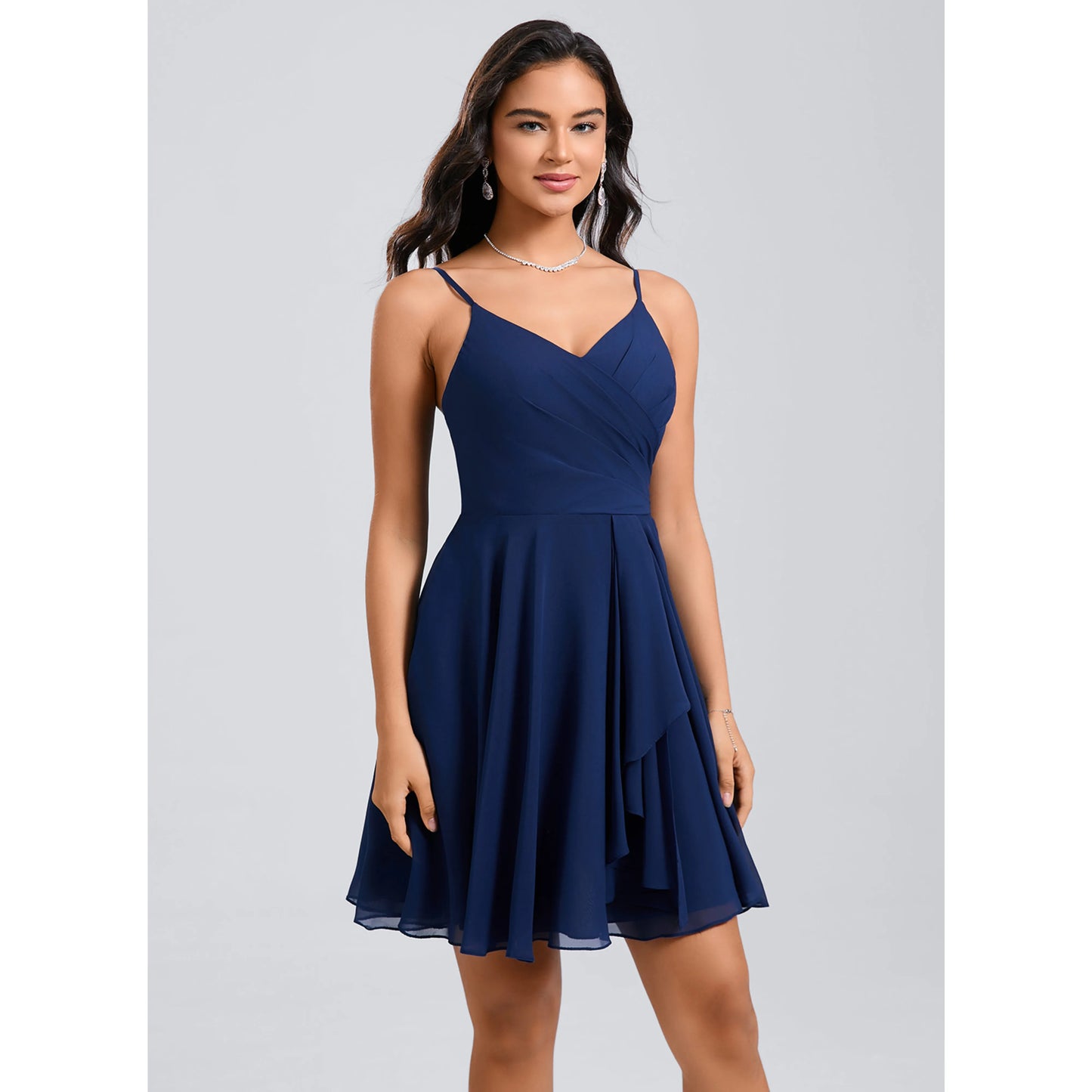 Elegant A-Line V-Neck Sleeveless Ruched Layered Navy Blue Short Homecoming Dress