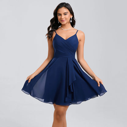 Elegant A-Line V-Neck Sleeveless Ruched Layered Navy Blue Short Homecoming Dress