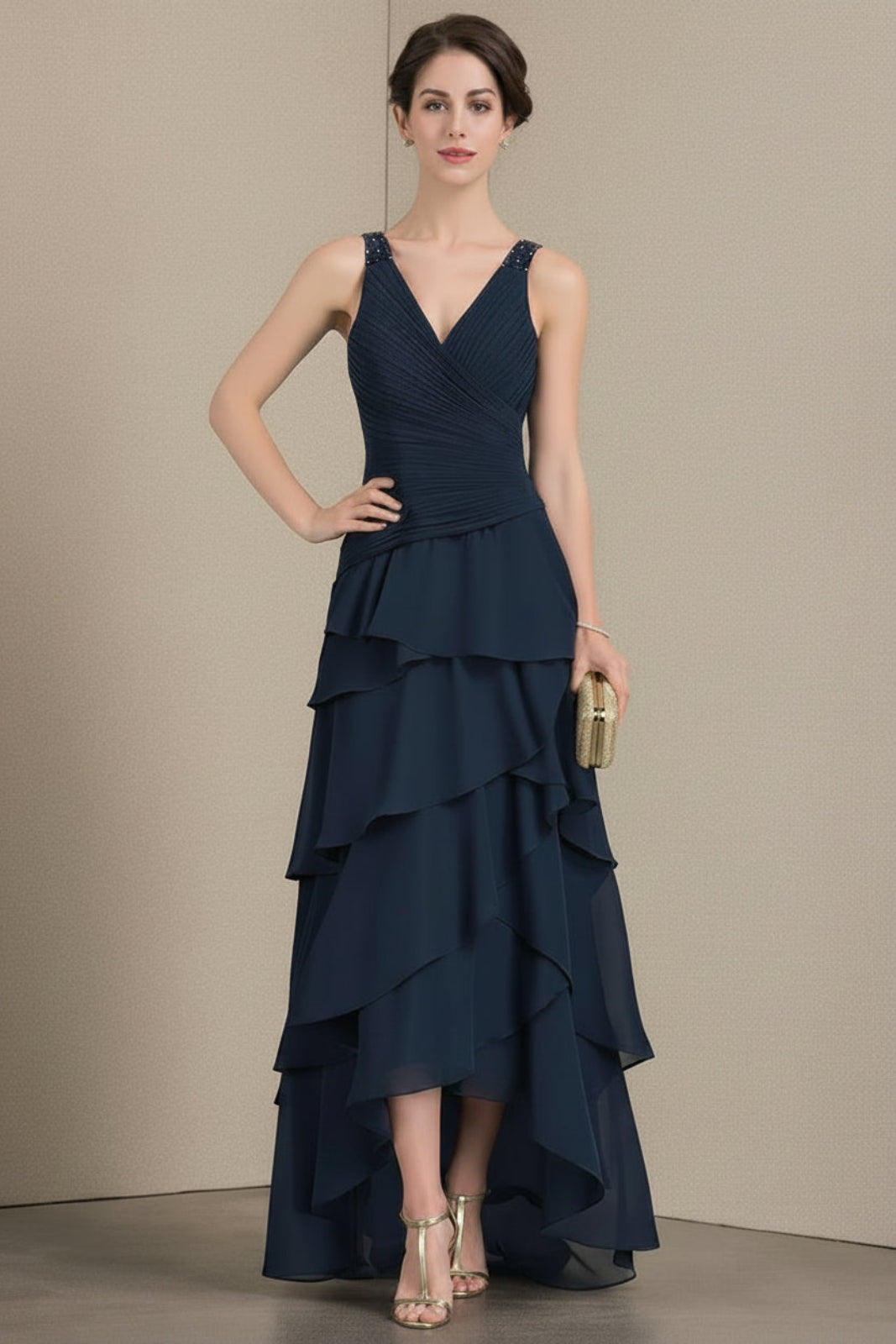 Elegant A-Line V-Neck Sleeveless Ruched Navy Blue High-Low Mother of the Bride Dress