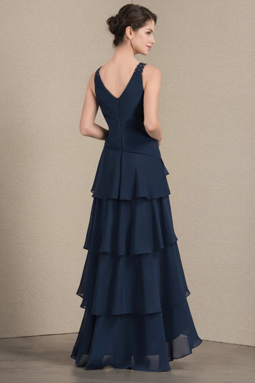 Elegant A-Line V-Neck Sleeveless Ruched Navy Blue High-Low Mother of the Bride Dress