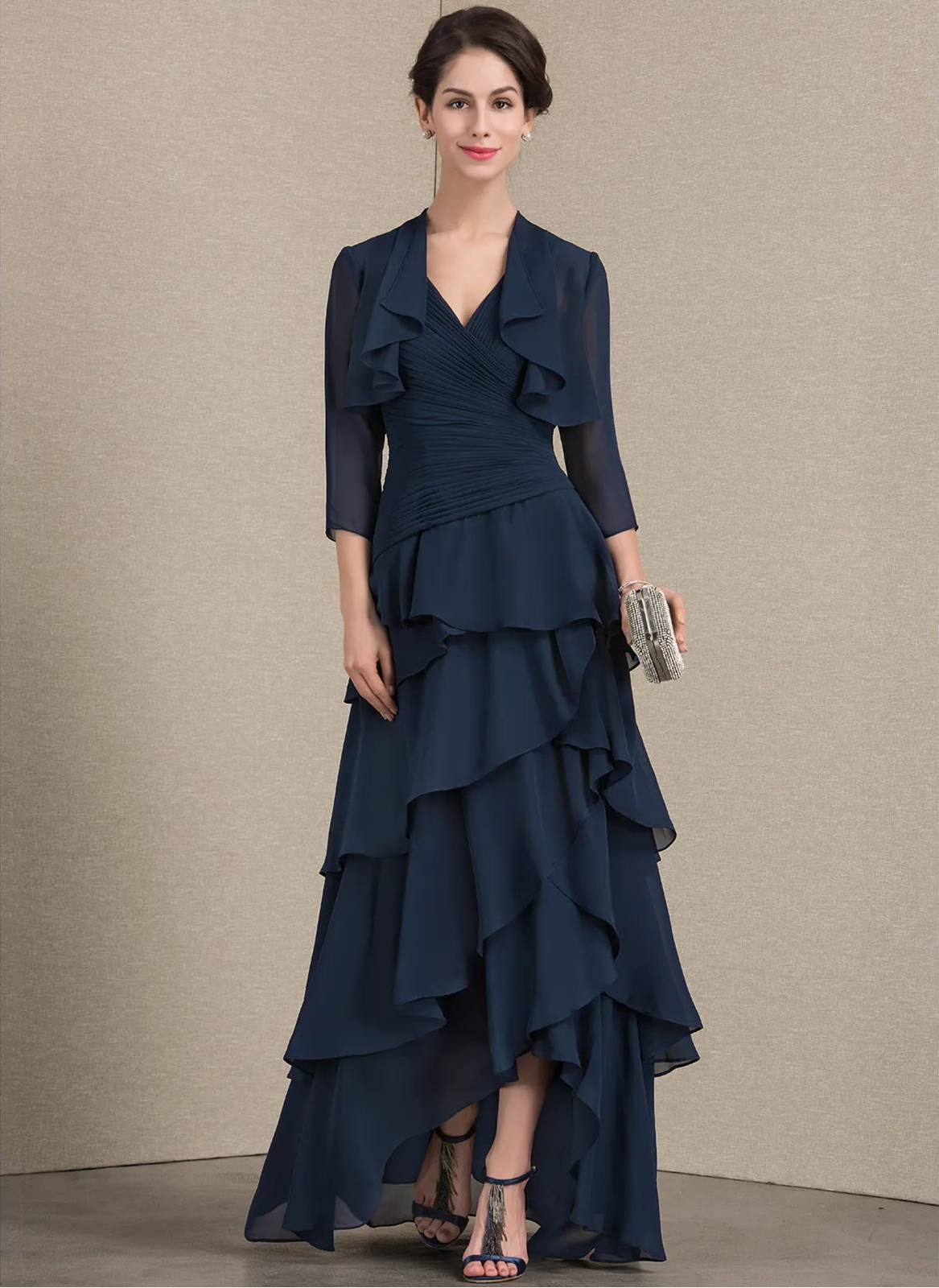 Elegant A-Line V-Neck Sleeveless Ruched Navy Blue High-Low Mother of the Bride Dress