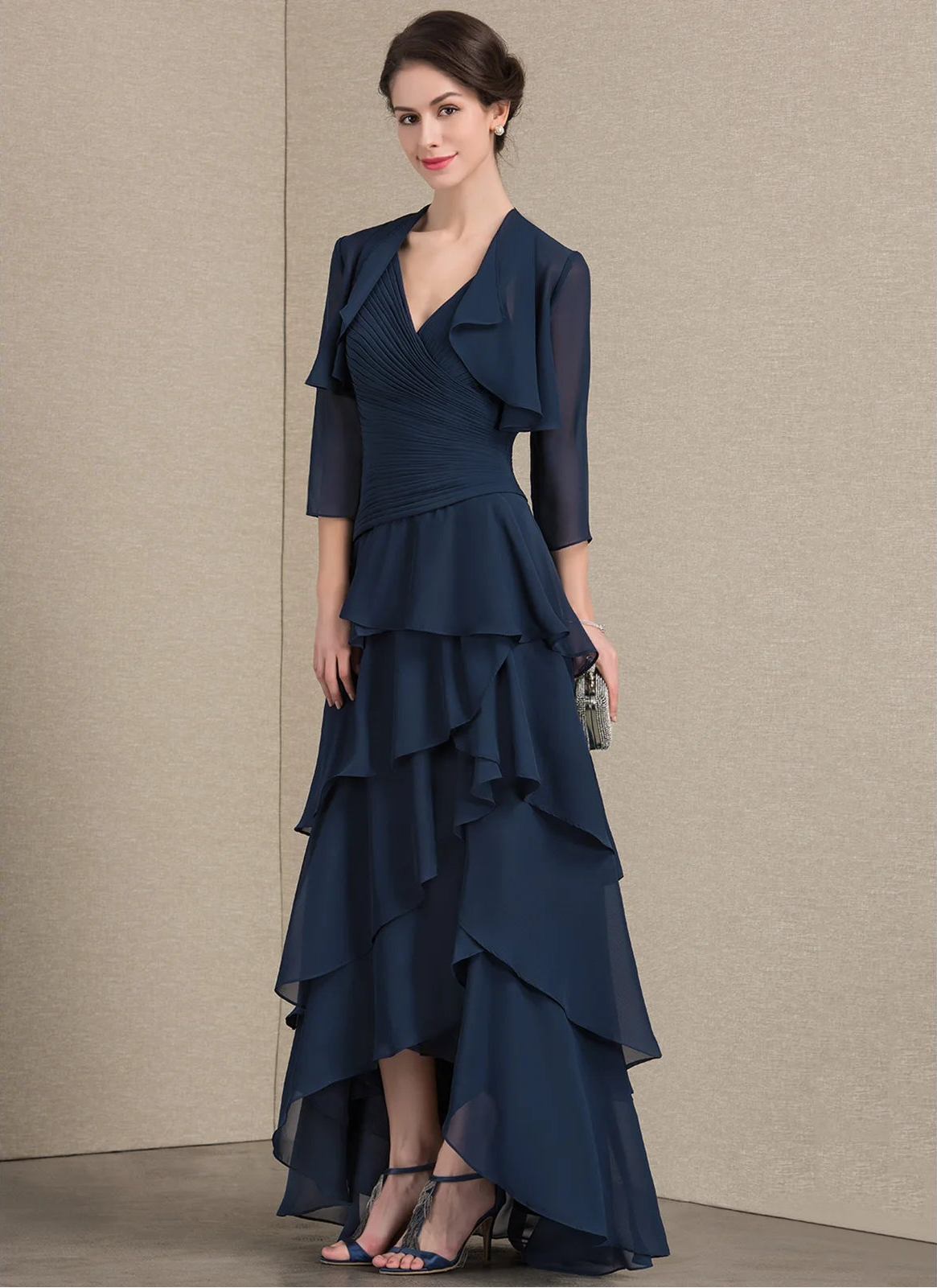 Elegant A-Line V-Neck Sleeveless Ruched Navy Blue High-Low Mother of the Bride Dress