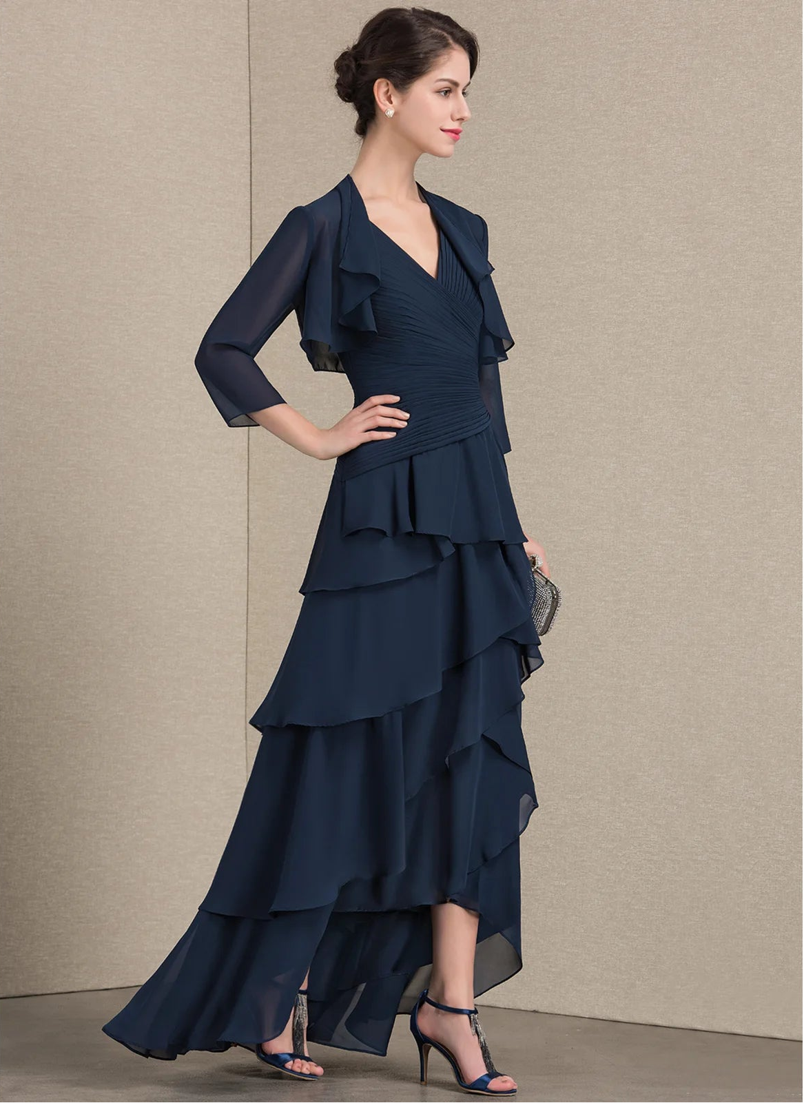 Elegant A-Line V-Neck Sleeveless Ruched Navy Blue High-Low Mother of the Bride Dress