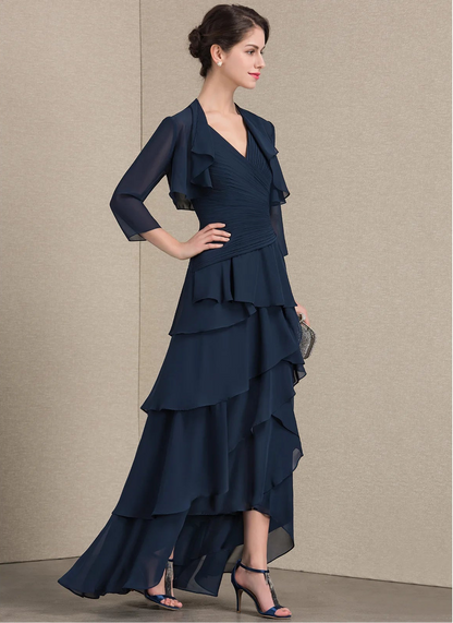 Elegant A-Line V-Neck Sleeveless Ruched Navy Blue High-Low Mother of the Bride Dress