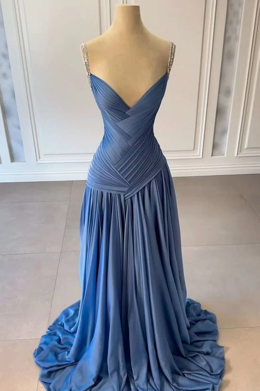 Elegant A-Line V-Neck Sleeveless Ruched Pleated Blue Long Prom Dresses Women Gown