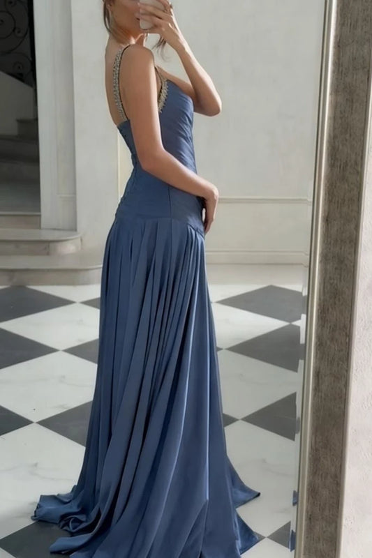 Elegant A-Line V-Neck Sleeveless Ruched Pleated Blue Long Prom Dresses Women Gown