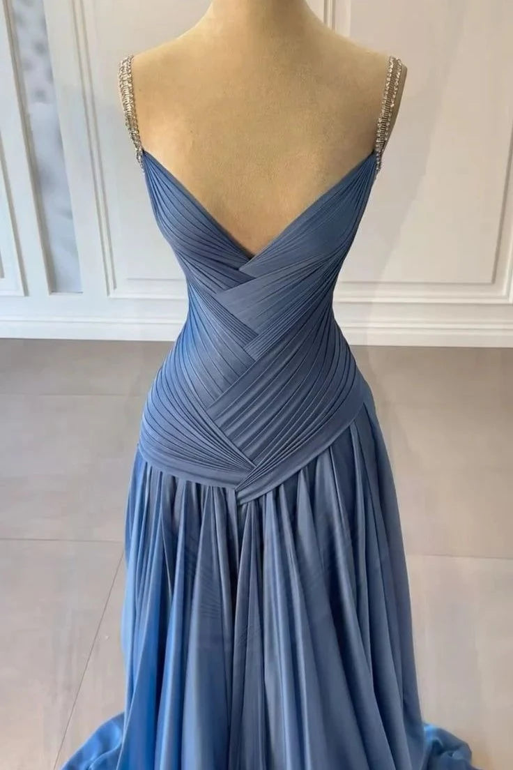 Elegant A-Line V-Neck Sleeveless Ruched Pleated Blue Long Prom Dresses Women Gown