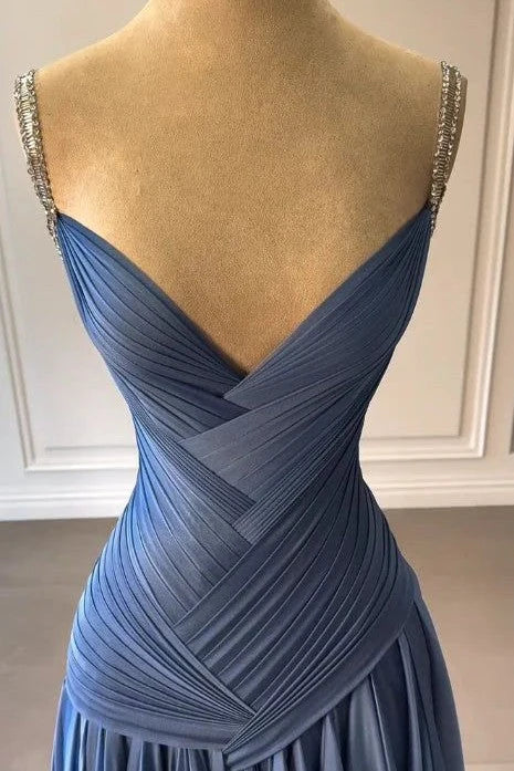 Elegant A-Line V-Neck Sleeveless Ruched Pleated Blue Long Prom Dresses Women Gown