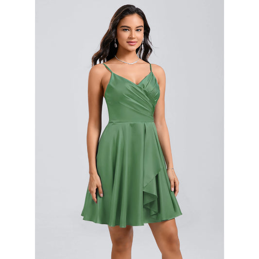 Elegant A-Line V-Neck Sleeveless Ruched Ruffled Green Short Homecoming Dress for Women