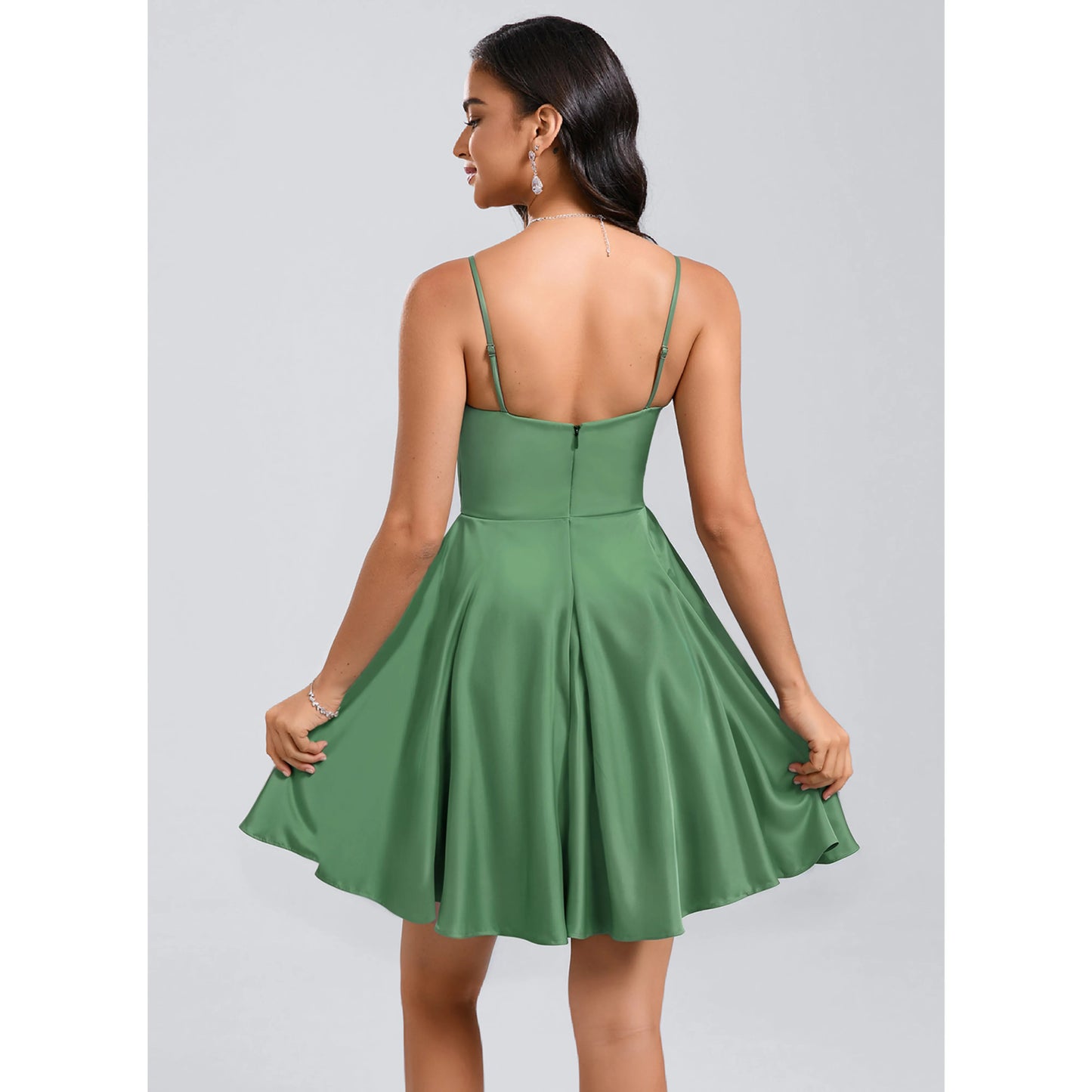 Elegant A-Line V-Neck Sleeveless Ruched Ruffled Green Short Homecoming Dress for Women