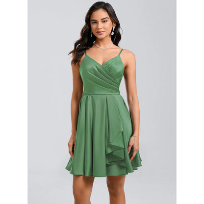 Elegant A-Line V-Neck Sleeveless Ruched Ruffled Green Short Homecoming Dress for Women