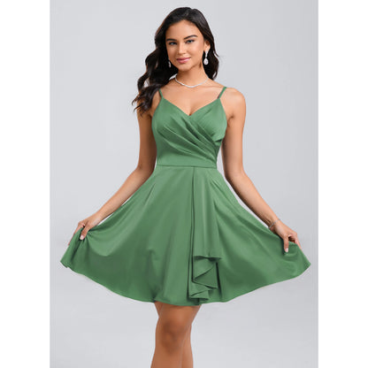 Elegant A-Line V-Neck Sleeveless Ruched Ruffled Green Short Homecoming Dress for Women