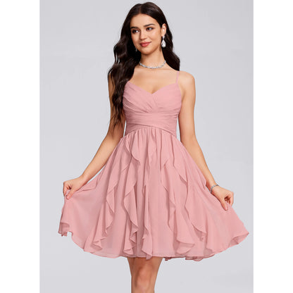Elegant A-Line V-Neck Sleeveless Ruched Ruffled Pink Short Homecoming Dress Women's