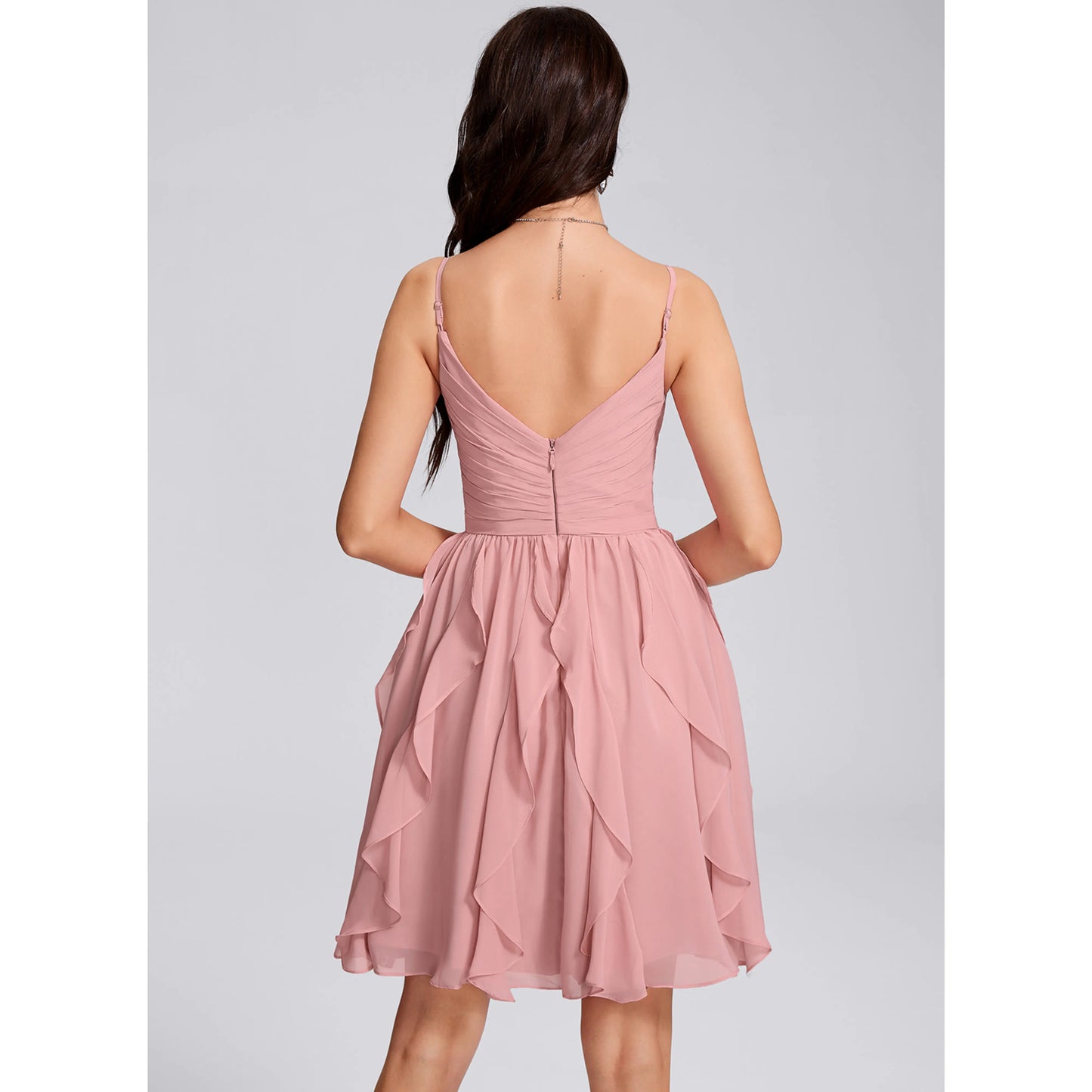 Elegant A-Line V-Neck Sleeveless Ruched Ruffled Pink Short Homecoming Dress Women's