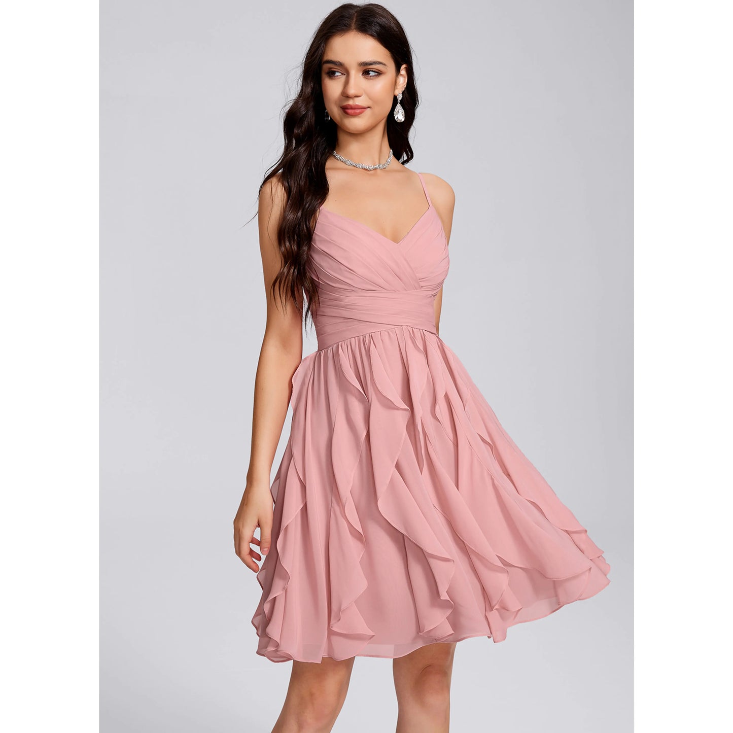 Elegant A-Line V-Neck Sleeveless Ruched Ruffled Pink Short Homecoming Dress Women's