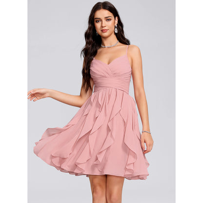 Elegant A-Line V-Neck Sleeveless Ruched Ruffled Pink Short Homecoming Dress Women's