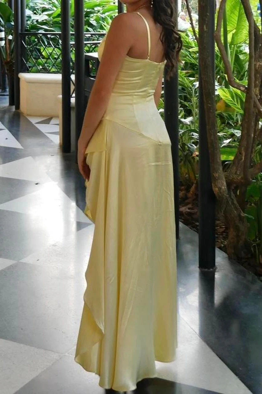 Elegant A-Line V-Neck Sleeveless Ruched Ruffled Yellow High-Low Prom Dresses Women