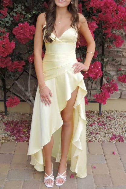 Elegant A-Line V-Neck Sleeveless Ruched Ruffled Yellow High-Low Prom Dresses Women