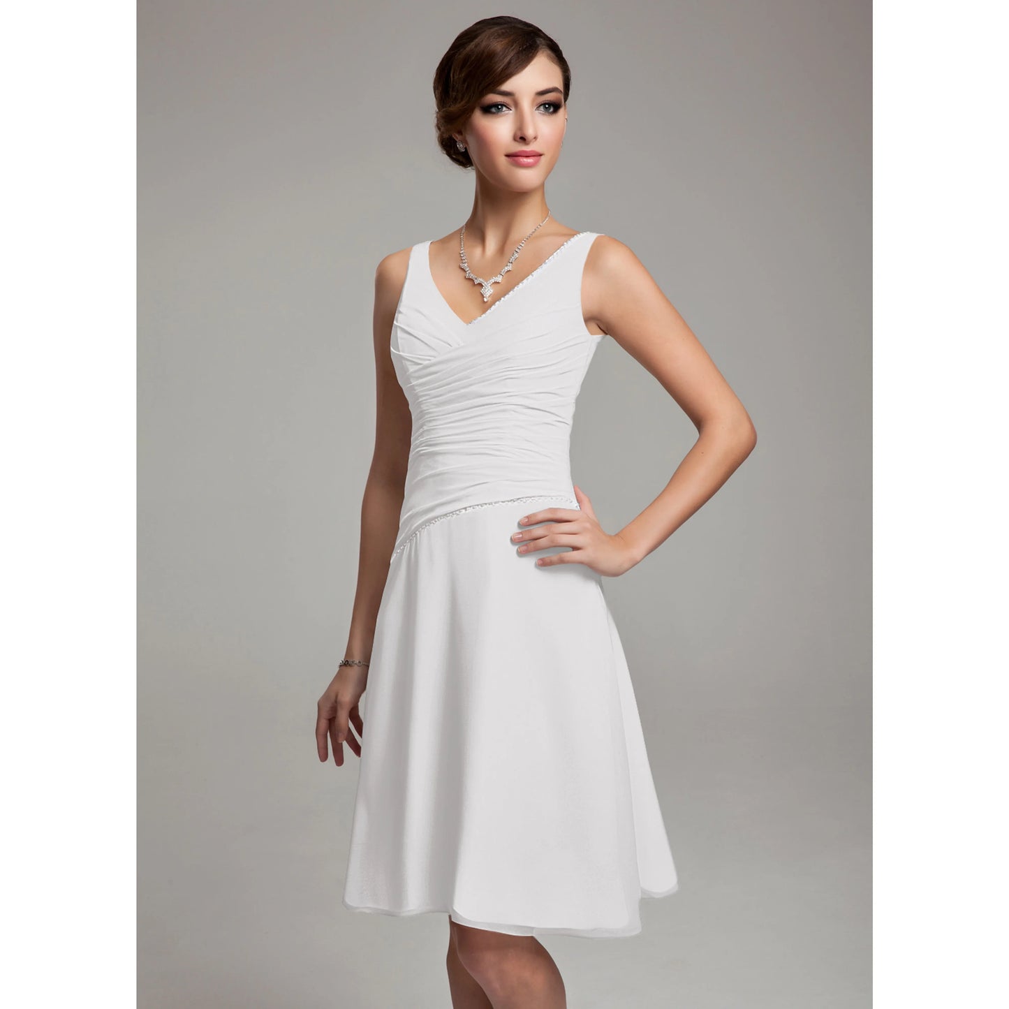 Elegant A-Line V-Neck Sleeveless Ruched Simple White Short Wedding Dress for Women