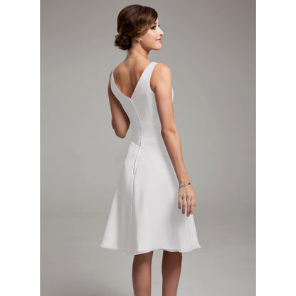 Elegant A-Line V-Neck Sleeveless Ruched Simple White Short Wedding Dress for Women