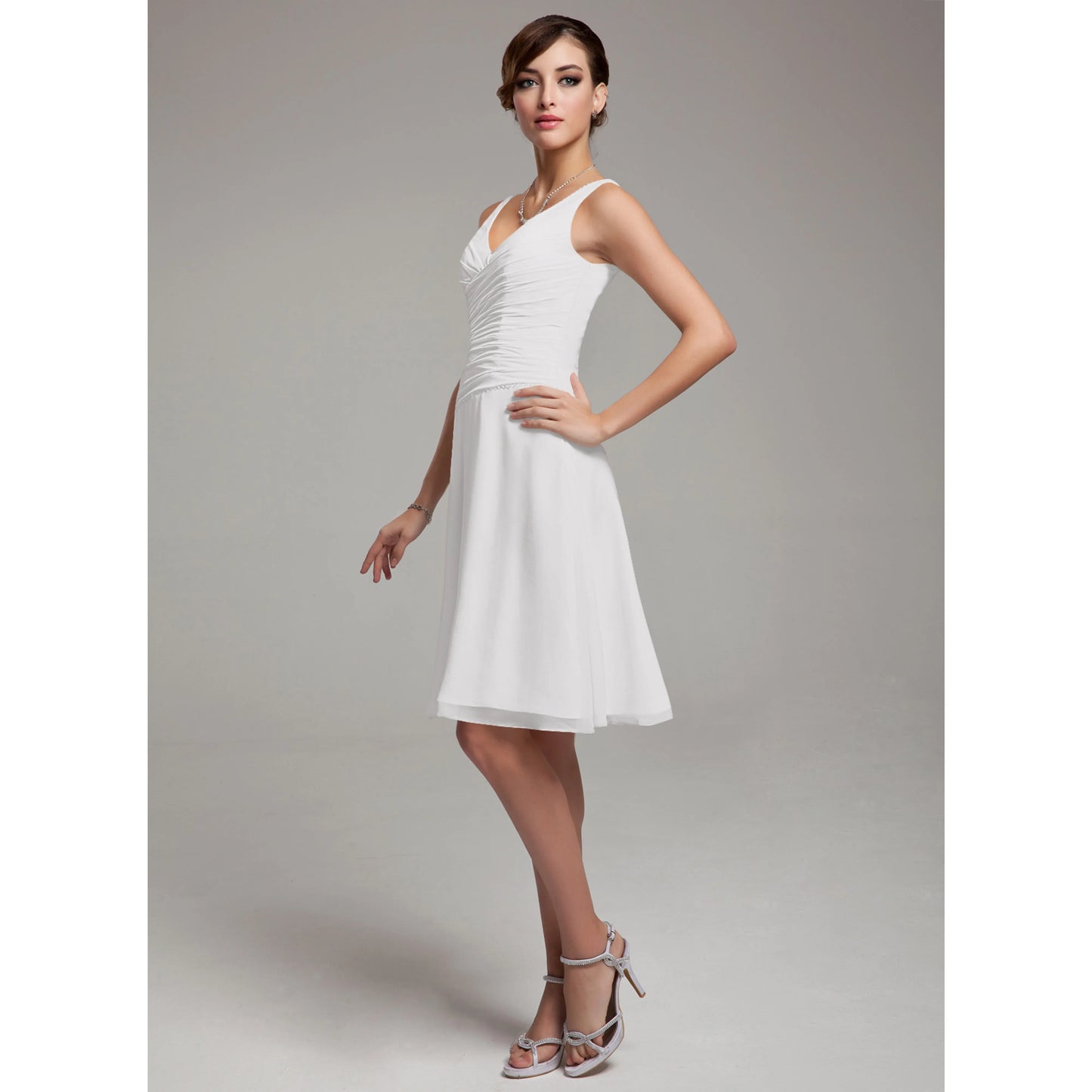 Elegant A-Line V-Neck Sleeveless Ruched Simple White Short Wedding Dress for Women