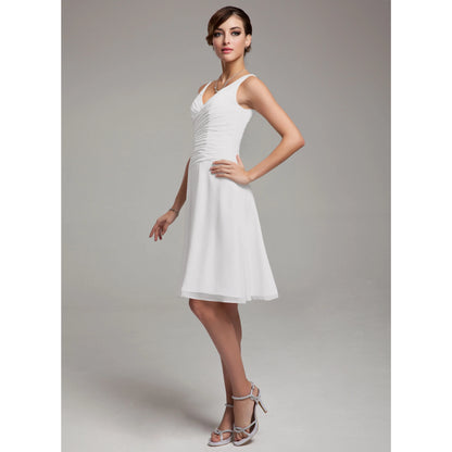 Elegant A-Line V-Neck Sleeveless Ruched Simple White Short Wedding Dress for Women