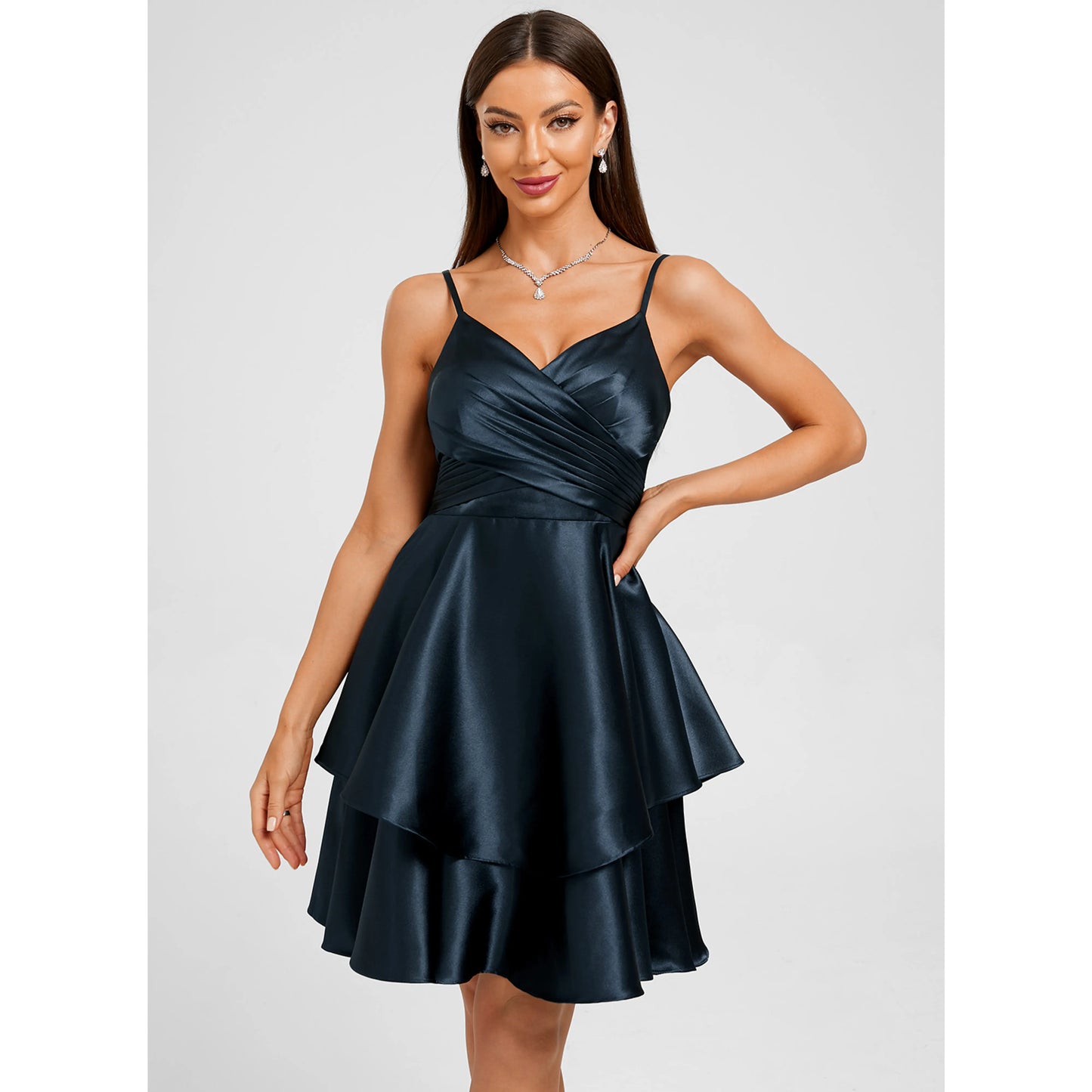 Elegant A-Line V-Neck Sleeveless Ruched Tiered Dark Blue Short Homecoming Dress