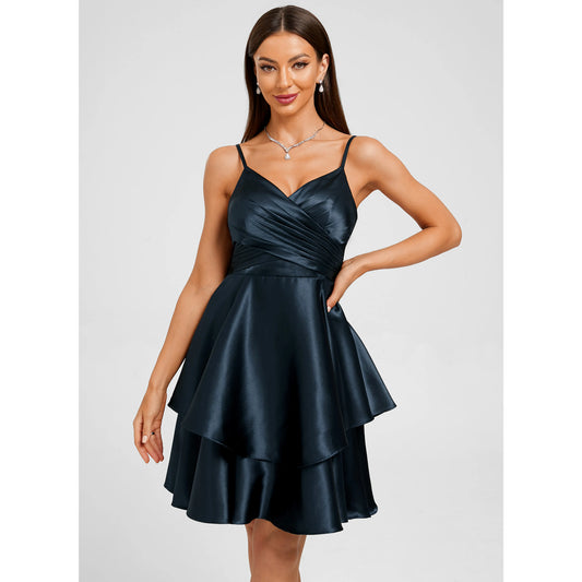 Elegant A-Line V-Neck Sleeveless Ruched Tiered Dark Blue Short Homecoming Dress