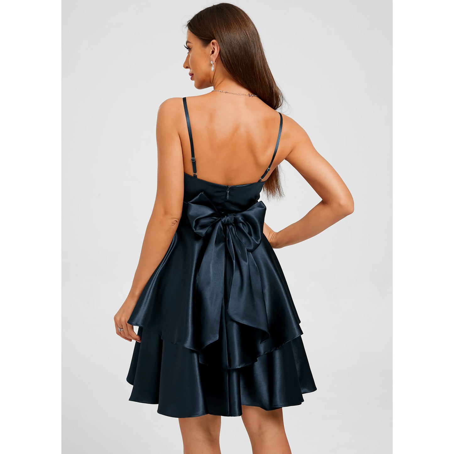 Elegant A-Line V-Neck Sleeveless Ruched Tiered Dark Blue Short Homecoming Dress