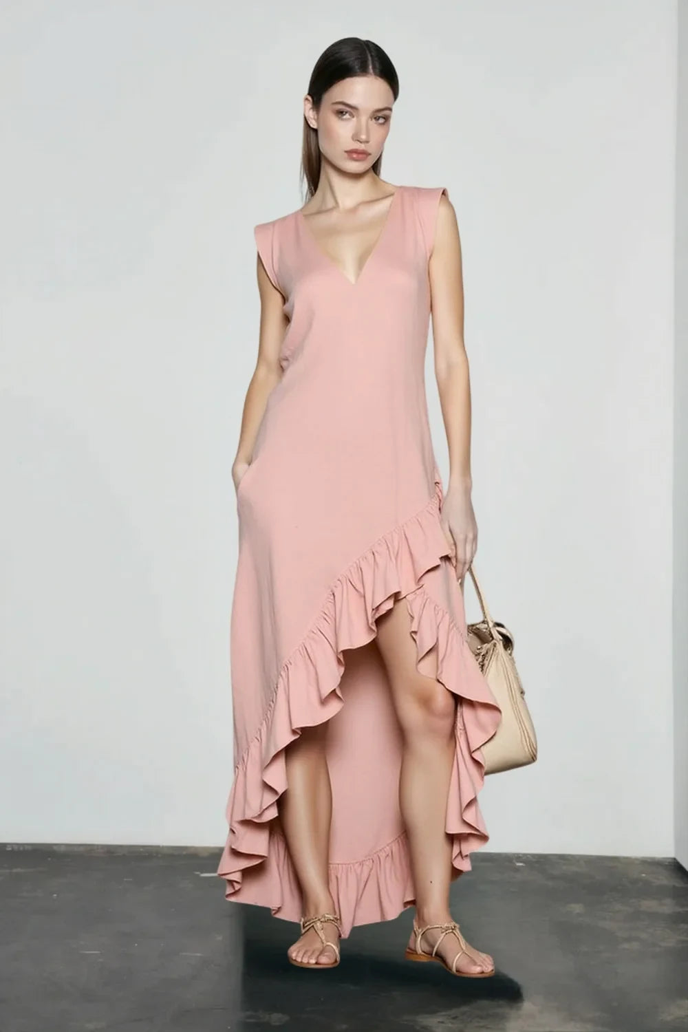 Elegant A-Line V-Neck Sleeveless Ruffled Dusty Pink Maxi Prom Gown