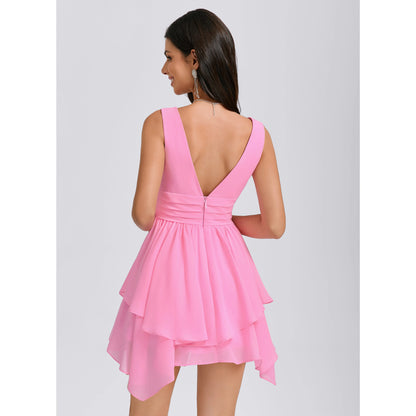 Elegant A-Line V-Neck Sleeveless Ruffled Tiered Pink Short Homecoming Dress Women's