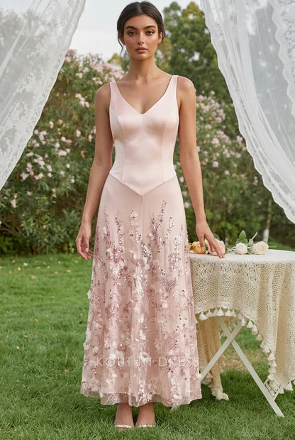 Elegant A-Line V-Neck Sleeveless Sequin Embellished Pink Midi Prom Dresses Women's Gown